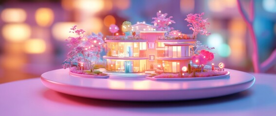 Poster - A colorful miniature house model with vibrant lights and decorations on a plate.