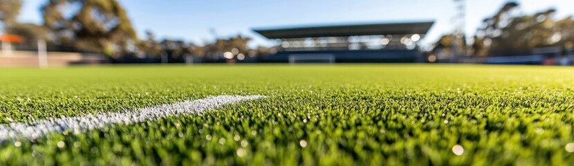 Poster - A close-up view of a sports field with a stadium in the background.