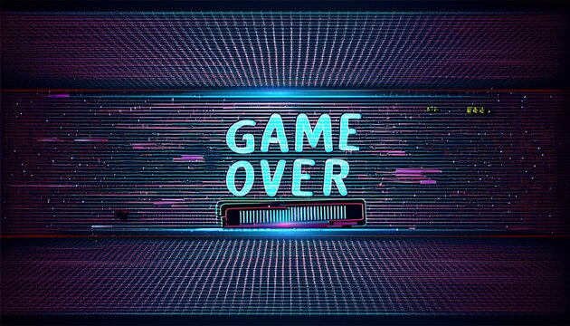 Game over fantastic computer background with glitch noise retro effect vector screen