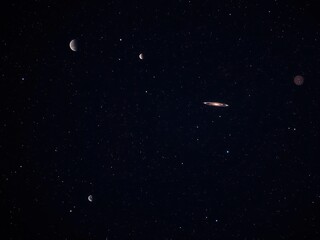 Wall Mural - Dark starry night sky with numerous planets and galaxies in the distance, space, dark blue, celestial