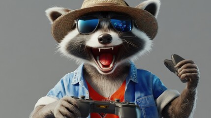 Poster - A raccoon character wearing sunglasses and a hat, enthusiastically holding a game controller.