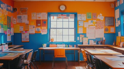 Aufkleber - A vibrant classroom with colorful walls and educational materials displayed.