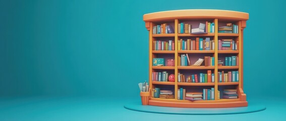Poster - A colorful bookshelf filled with various books and stationery against a blue background.