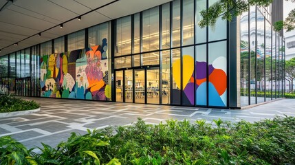 Poster - Modern building facade with colorful murals and greenery in front.