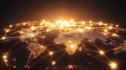 Poster - Global network connection, illuminated world map with glowing nodes and lines representing communication and data transfer.