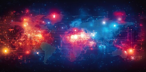 Fototapete - Global network connection, digital world map with glowing nodes.