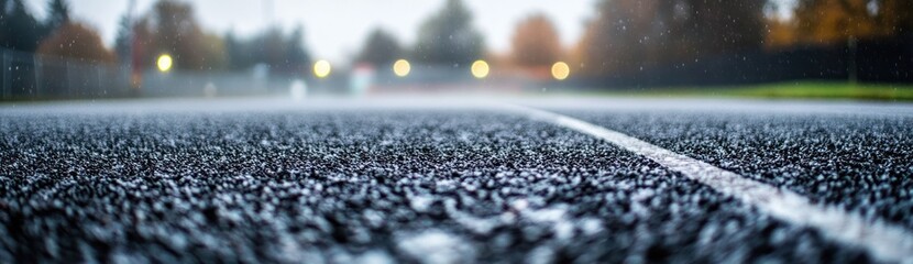 Aufkleber - A close-up view of a wet track with blurred lights in the background, suggesting a rainy day.