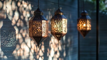 Poster - Intricate Copper Lanterns Hanging and Casting Beautiful Shadows on a Textured Surface in a Softly Lit Setting for Decorative Inspiration
