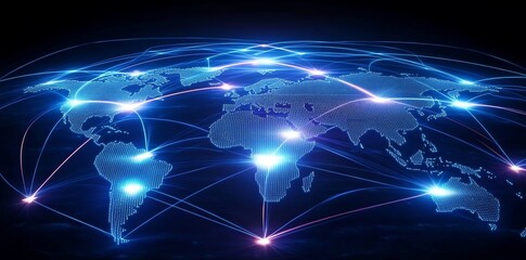 Poster - Global network connections visualized on a world map with glowing nodes and lines.