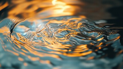 Poster - A Close-Up View of Rippling Metallic Surface Reflecting Ambient Light in Warm Tones and Cool Shades, Capturing Intricate Water-Like Textures and Fluid Patterns