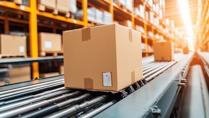 Poster - Warehouse Logistics: Cardboard Boxes on Conveyor Belt