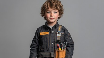 Poster - A young boy in a work outfit with tools, showcasing a playful approach to construction.