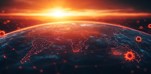 Poster - Global pandemic sunrise.  Earth's continents shown with virus particles spreading across the network.