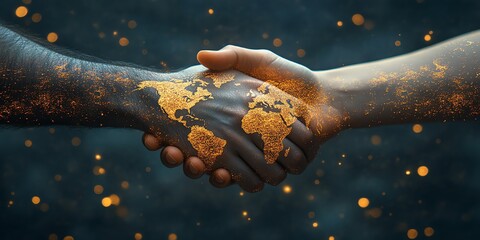 Poster - Global partnership handshake with world map on skin.
