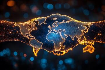 Poster - Global partnership concept two hands forming a world map.