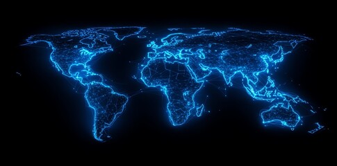 Poster - Glowing blue digital world map on black background.