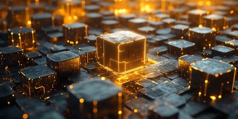 Leinwandbilder - Glowing cube in a futuristic, abstract network of dark gray blocks.