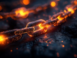 Poster - Glowing embers illuminate a rusty chain's link, emphasizing connection and strength.
