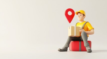 Poster - A cartoon delivery worker sits with a package and a location pin, symbolizing logistics.