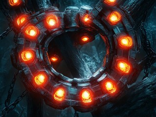 Aufkleber - Glowing metallic ring structure with chains, set against a dark, textured background.