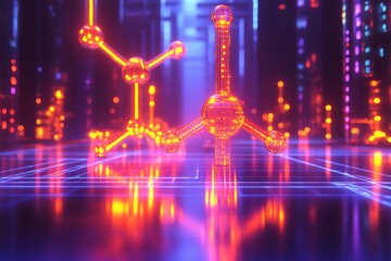 Aufkleber - Glowing molecular model on futuristic grid floor.