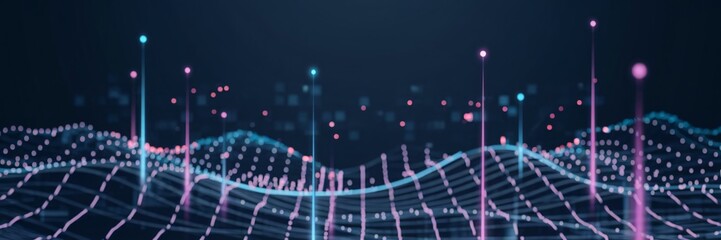 Wall Mural - a futuristic digital landscape featuring glowing vertical lines and dots in neon hues of blue, purpl