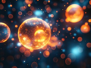 Aufkleber - Glowing orange and blue spheres float in dark space, creating a vibrant, abstract background.