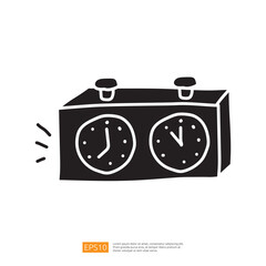 Poster - A simple illustration of a dual-faced alarm clock, featuring two clock faces with different times, emphasizing its function as a timekeeping device.