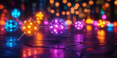 Poster - Glowing orbs with vibrant colors on a dark reflective surface.