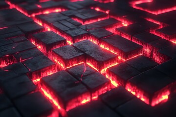 Poster - Glowing red energy flowing through dark, geometric blocks.