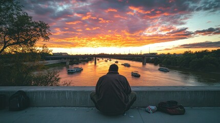 Fototapete - A person sits by a river at sunset, reflecting on the serene landscape and vibrant sky.