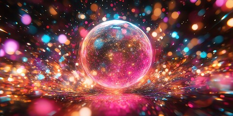 Poster - Glowing sphere amidst vibrant, colorful bokeh.