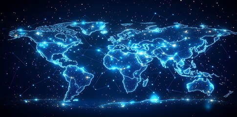 Poster - Glowing world map depicting global network connections.