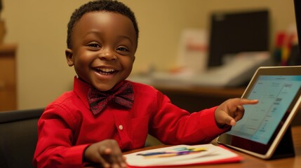 Poster - A cheerful child in a red shirt and bow tie smiles while using a tablet at a desk.