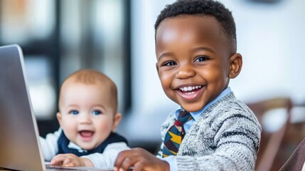 Aufkleber - Two cheerful children, one using a laptop, showcasing a playful moment.