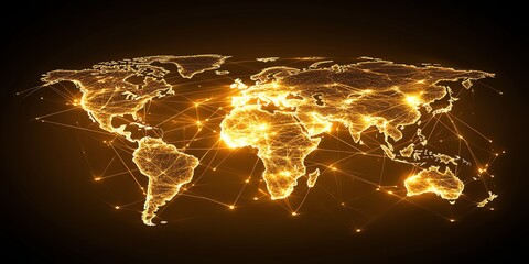 Fototapete - Golden glowing world map with interconnected lines representing global network and communication.