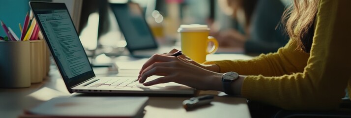 Poster - A person typing on a laptop with a coffee cup and stationery in a workspace.
