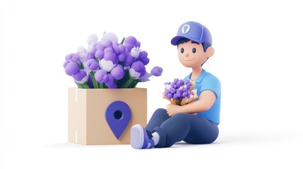 Poster - A character sitting with flowers and a box, symbolizing delivery or gifting.