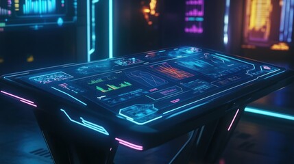 Poster - A futuristic digital interface on a sleek table, displaying data and analytics.