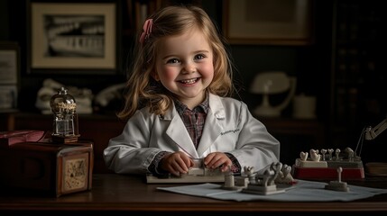 Aufkleber - A young girl in a lab coat smiles while working with scientific tools and a chess set.