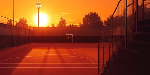 Poster - A serene basketball court at sunset, highlighting sports and tranquility.