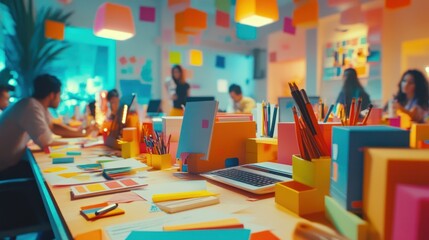 Poster - A vibrant workspace filled with colorful stationery and engaged people collaborating.