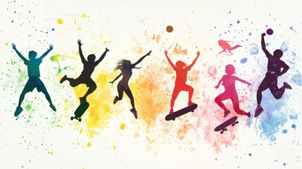 Poster - Colorful silhouettes of children engaging in various sports and activities, celebrating movement.