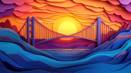 Poster - A vibrant paper-cut style depiction of a bridge at sunset over stylized waves.