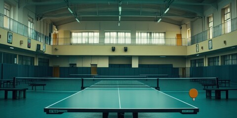 Wall Mural - A spacious indoor table tennis hall featuring a single table and paddle.