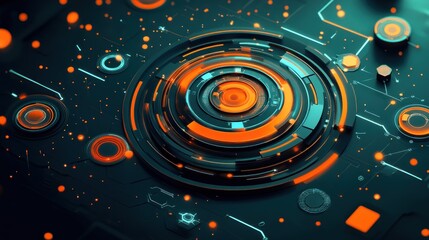 Poster - A futuristic digital interface with concentric circles and glowing elements in vibrant colors.