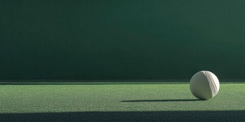 Wall Mural - A solitary white cricket ball resting on a green surface, casting a shadow.