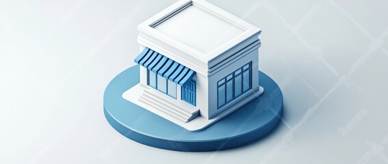 Poster - A stylized shopfront model with blue accents on a circular base.