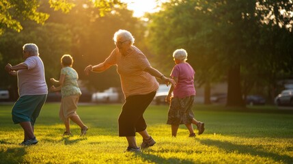 Poster - Aging population inclusion in recreational spaces, Showcasing seniors' engagement in community activities, photography style
