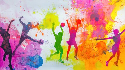 Poster - Vibrant silhouettes of athletes in motion against a colorful splash background.
